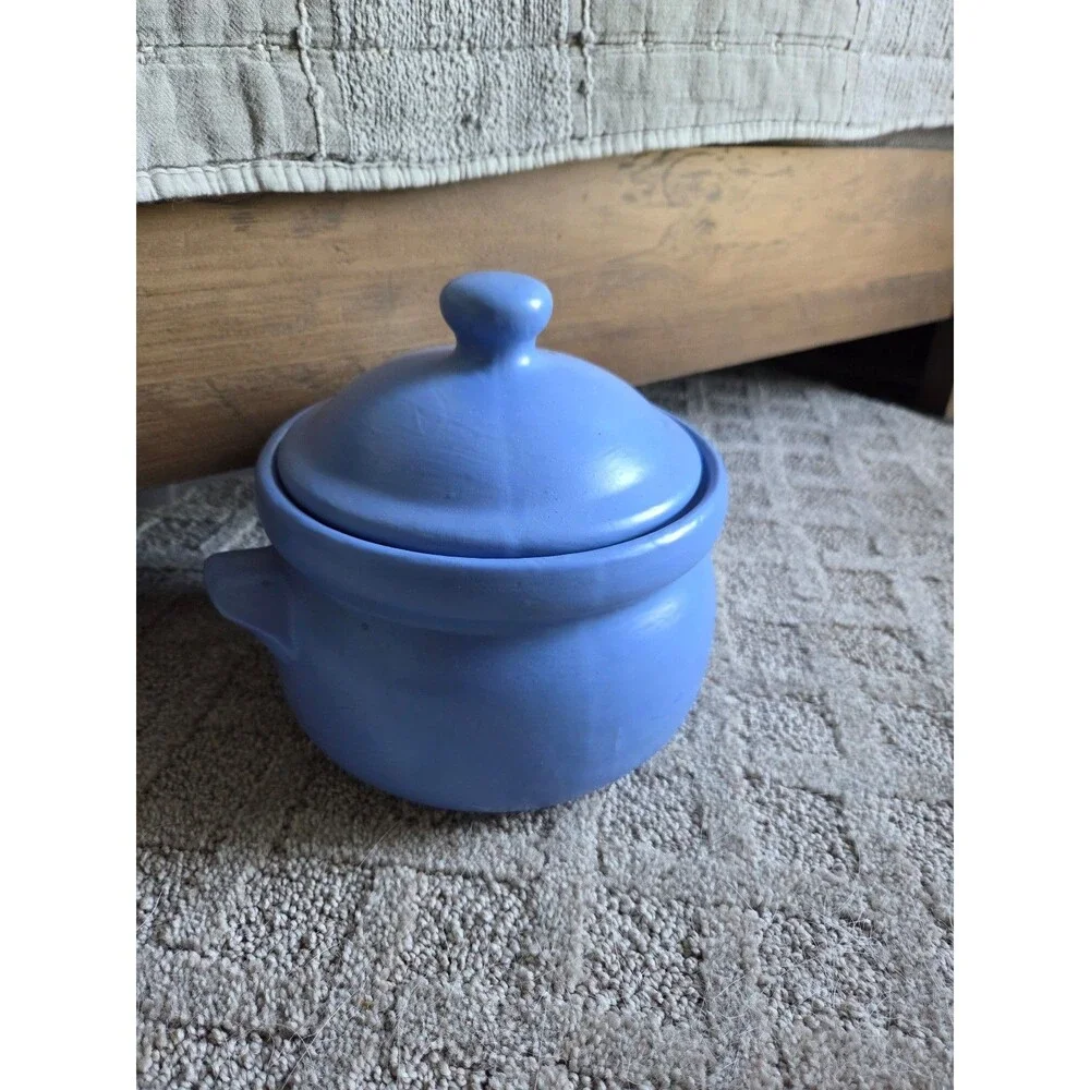 Vintage Blue Ceramic Soup Crock with Lid